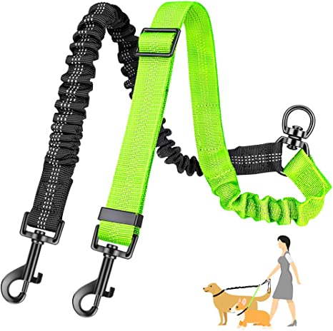 AUTOWT Two Dog Lead Splitter, 2 in 1 Upgraded Dual Dog Leash Coupler Combine with Reflective Adjustable Strap and Shock Absorbing Bungee No Tangle 2 Dogs Training Leash for Different Size Dogs