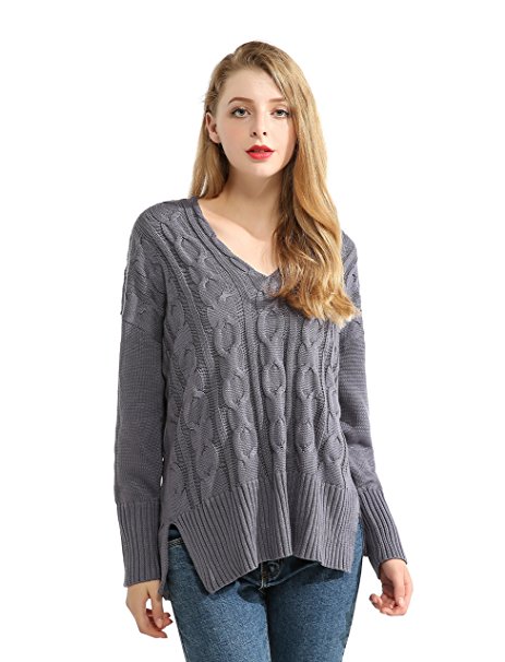 Women Knitted Sweater,JCBABA Women Casual V Neck Loose Fit Knit Sweater Pullover Top