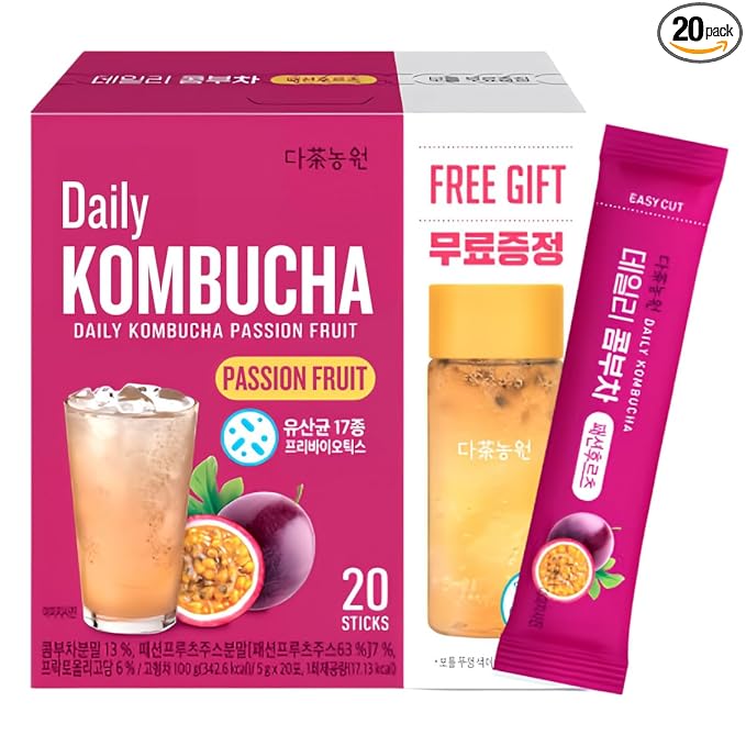 Garden Kombucha Tea, Powder 5g x 20 Sachets (100g/3.52oz) Probiotics, Prebiotics, Sugar Free, Diet Tea, Healthy Drink with Bottle (FREE BOTTLE SHAKER) (Passion Fruits)