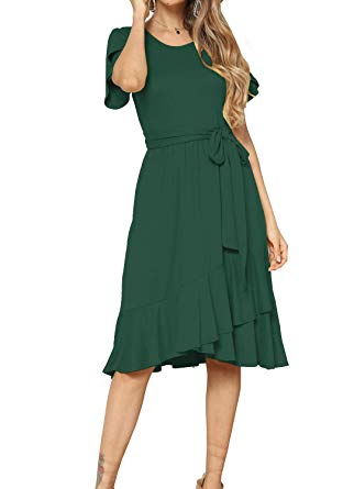 levaca Women's Plain Casual Flowy Short Sleeve Midi Dress with Belt