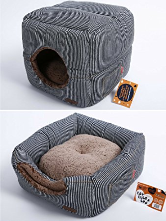 Self Warming Cat Bed and Cube: Unique 2 in 1 Design | Thick Organic Cotton with Plush Sherpa Lining and Side Pocket for Small Toys | 13" x 13" x 13" (Cube Size) by Smiling Paws Pets