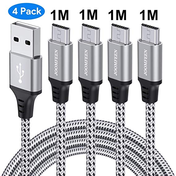 Micro USB Cable, JOOMFEEN [4 Pack 3FT] Micro USB Charging Cord Android Charger Nylon Braided Fast Sync & Charging USB Cable for Samsung, LG, Nexus, HTC, Motorola, Kindle, PS4, Xbox (Silver/Black)