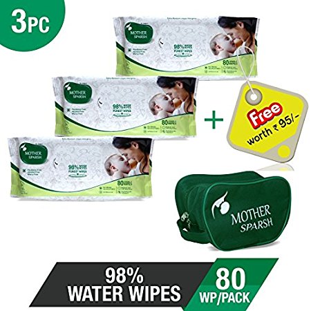 Mother Sparsh Baby Wet Wipes (98% Pure Water), Parabens & Alcohol free Combo (80 Wipes, Pack of 3 + 1 Reusable Baby Kit FREE Rs 95)