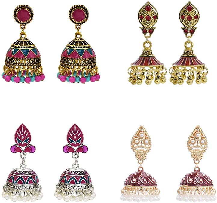 Gypsy Indian Bell Dangle Earrings Set - Retro 4pair/set Round Bell Tassel Hollow Jhumka Earrings for Women