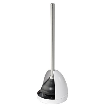 mDesign Toilet Plunger and Hideaway Holder for Bathroom Storage - White/Brushed Stainless Steel