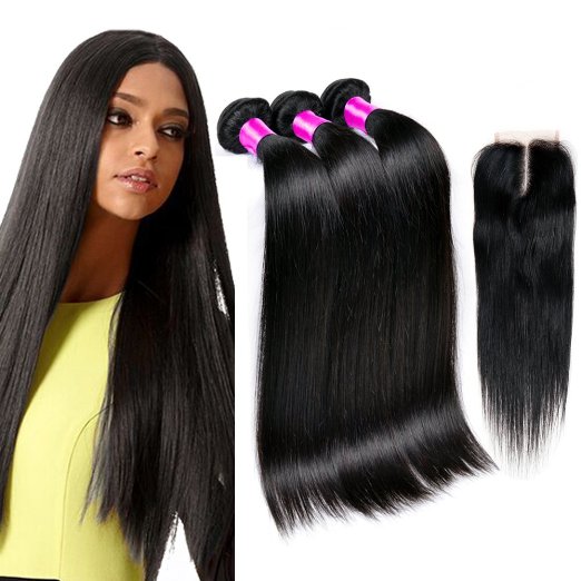 Queen Plus Hair Straight Weave 7A Brazilian Virgin Hair Middle Part Lace Closure with 3 Bundles Mixed Size Length Perfect for Natural Color Hair Weft(18 18 18 with 16)