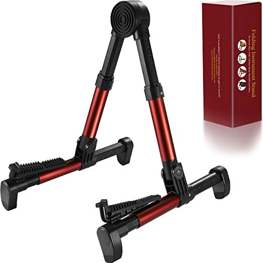 Guitar Stand for Acoustic/Electric/Classical Guitars and Violin, Ukulele, Bass, Banjo, Mandolin - Folding, Portable and Lightweight - Fits Your Gibson/Fender/Taylor/Yamaha Music Instrument - The Ultimate for Concert & Travel - Premium Accessories by Nordic Essentials™ (Metallic Red)