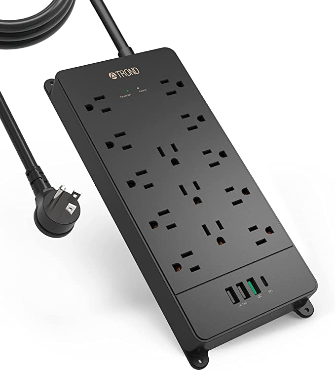 TROND Surge Protector Power Bar with USB C, Flat Plug, Power Strip, 20W Quick Charge 3.0 & USB C Power Delivery, 13 Widely-Spaced Outlets 4 USB Ports, 4000 Joules, 10ft Long Extension Cord, Wall Mount