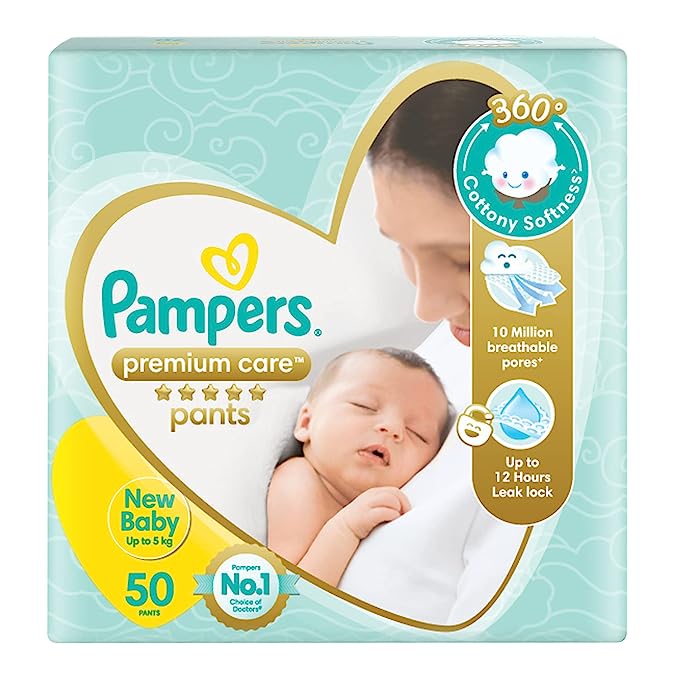 Pampers Premium Care Pants, New Born Extra Small size baby Diapers, (NB/XS) 50 count Softest ever Pampers