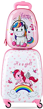 COSTWAY ABS Kids Luggage Set, 12'' Backpack 16'' Suitcase Children Boys Girls Travel School Trolley Case (Pink)