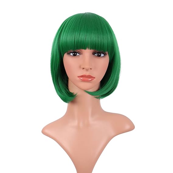 MapofBeauty 12 Inch/30 cm Fashion Lady Short Straight Flat Bangs Bob Wig (Green)