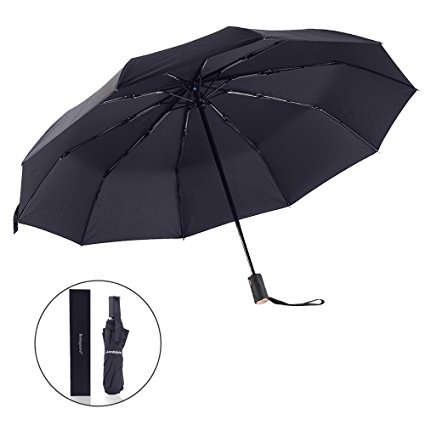 Bodyguard Innovation 10 Fibreglass Ribs Travel Umbrella - "Dupont Teflon" 210T Finest Waterproof Fabric, Auto Open and Close, Ultra Comfort Handle- Gift Box (Black)