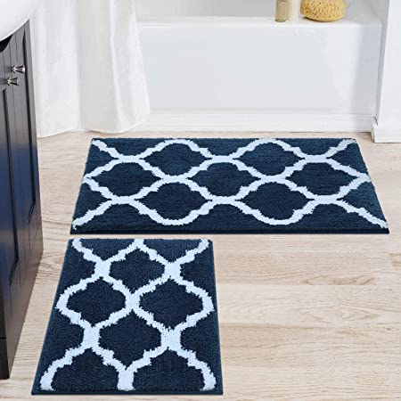 Olanly Luxury Bathroom Rug Mat Set 2 Piece, Soft and Absorbent Microfiber Bath Mats, Non-Slip Shaggy Bath Carpet, Machine Wash Dry, Bath Rugs for Bathroom Floor, Tub and Shower 17"x24" 20"x32", Navy