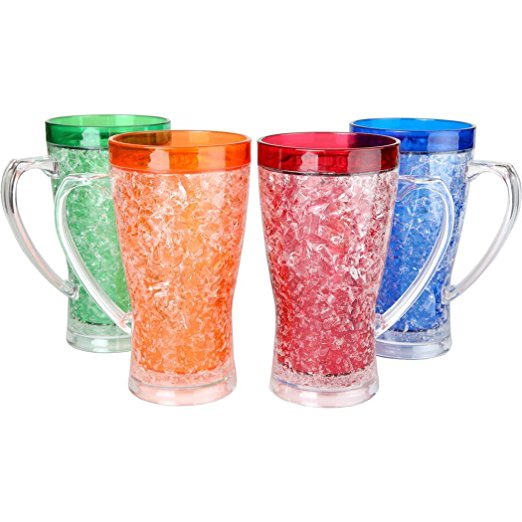 Lily's Home® Double Wall Gel Freezer Mugs. 15 Oz each - Set of 4 in Blue, Red, Orange and Green