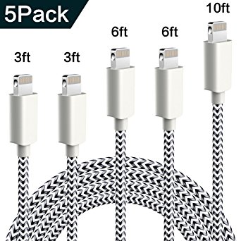 iPhone Charger, WUXIAN 5Pack [3/3/6/6/10FT] Extra Long Nylon Braid Cord Lightning Cable to USB Charging Cable for iPhone 8/X/7/7 Plus/6/6 Plus/6S/6S Plus,SE/5S/5,iPad,iPod Nano 7 (Sliver&Gray)