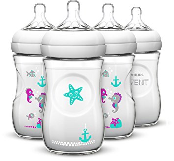 Philips AVENT 4 Piece Natural Baby Bottle with Seahorse Design, 9 Ounce, (4 Pack)