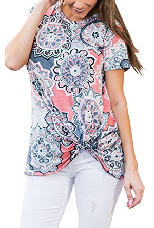 Dokotoo Womens Summer Casual Short Sleeve Floral Knot Blouse Tops and T-Shirts