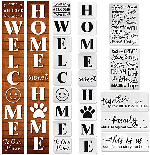 23PCS Large Welcome and Home Sign Stencils Set,9PCS Welcome Stencil,9PCS Sweet Home Stencil, 5PCS Inspirational Word Stencils Funny Family Sign Stencil, Reusable Template for Home Decor & DIY Projects