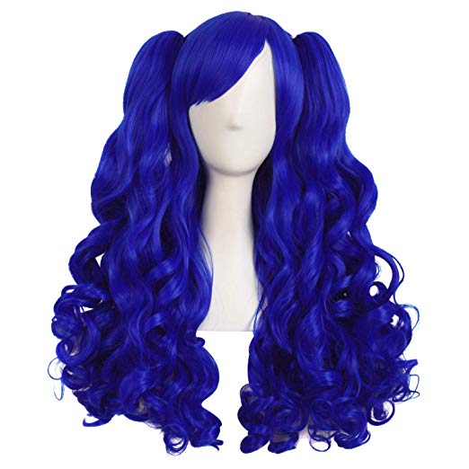 MapofBeauty 28 Inch/70cm Lolita Long Curly 2 Ponytails Clip on Cosplay Wig (Navy Blue)