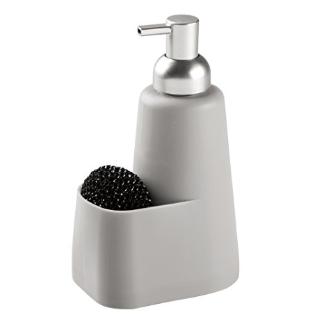 mDesign Silicone Soap Dispenser Pump and Sponge Caddy Organizer for Kitchen Countertops - Gray/Brushed