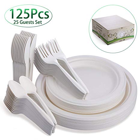 Fuyit 125Pcs Disposable Dinnerware Set, Compostable Sugarcane Cutlery Eco-Friendly Tableware, Microwavable Biodegradable Paper Plates, Forks, Knives and Spoons Combo for Party, Camping, Picnic (White)