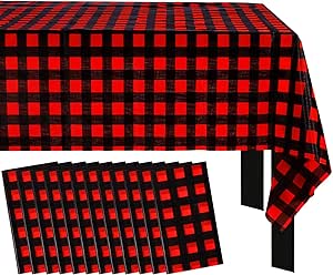 12 Packs Plastic Tablecloth Disposable Tablecloth Buffalo Plaid Rectangle Picnic Waterproof Table Cover Party Decor for Christmas Wedding Birthday Party, 54 x 108 Inch (Red and Black)