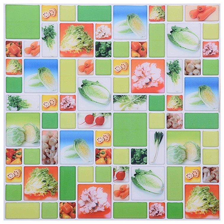 Vegetable Backsplash Stickers, Multi Green, 10" x 10", 8 Tiles