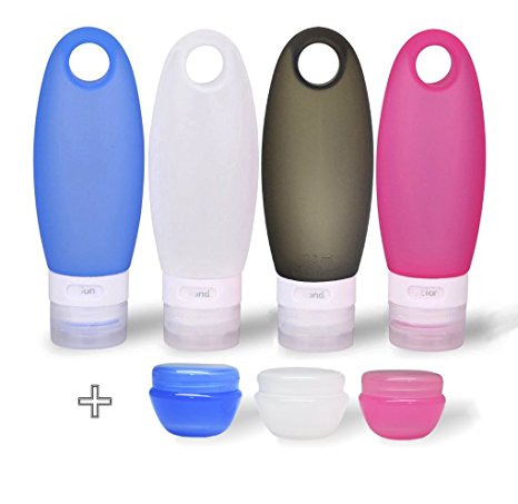 FullPlus Silicone Travel Bottle Set 3.3 Oz 4 Pack with 3 Cream Jars TSA Approved Carry On Shampoo Conditioner in EVA Bag