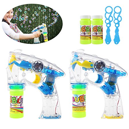 TOYMYTOY Pack of 2 LED Light Up Bubble Gun Bubble Machine Blower Flashing Light and Sound Shooter Blasters Kids Children Party Favors (Blue Yellow)