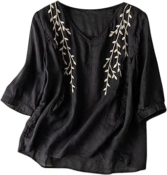 Women's 3/4 Sleeve Linen Shirts Lace Embroidery Gauze Tunic Blouse Summer Lightweight Loose Hem Chiffon Tops