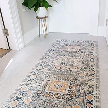 Traditional Vintage Navy Grey Distressed Medallion Moroccan Rug Runner Classic Boho Antique Soft Flat Woven Living Room Area Bedroom Hallway Rugs 70cm x 240cm