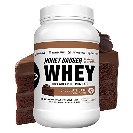 Honey Badger Natural Keto 100% Whey Protein Powder Isolate | Chocolate Cake | Gluten Free Paleo + Amino Acids BCAA Digestive Enzymes | Hydrolyzed Grass-Fed Protein Supplement Sucralose Free | 2 Lbs