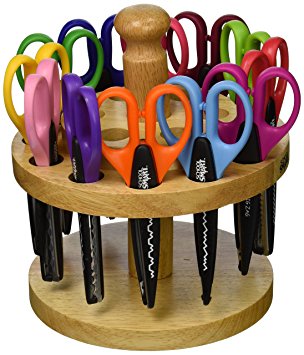 School Smart Paper Edger Scissors with Oak Stand - Set of 12 - Assorted Colors