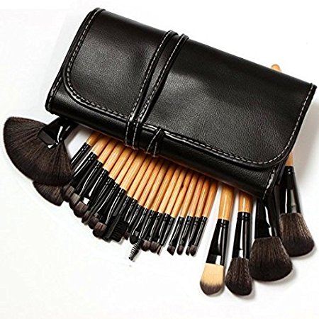 KLAREN Professional 24 Piece All Natural Real Hair Makeup Brush Set - Handle Pcs Cosmetic Beauty Brushes Kit - Make Up Leather Organizer Case / Bag