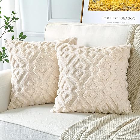 Artscope Pack of 2 Soft Plush Short Wool Velvet Decorative Cushion Covers Luxury Style Throw Pillow Covers European Pillow Shell for Sofa Bedroom Diamond Shape Cream Beige, 65x65cm