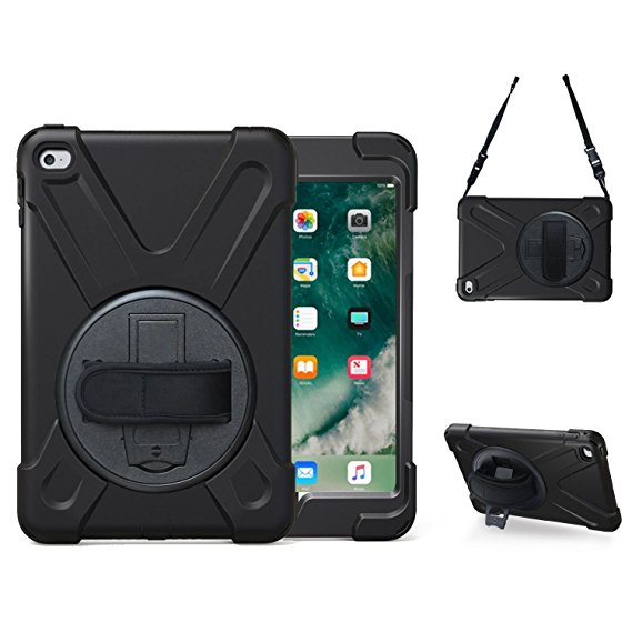 iPad Mini 4 Case, TSQ Heavy Duty Rugged Protective Silicon Case With Hand Grip, Shoulder Strap & 360 Rotating Kickstand, For Apple iPad Mini 4 7.9 inch 2015 Tablet Cover For Kids Girls, Boys Black