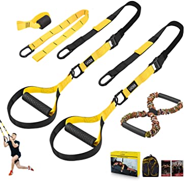 LADER Bodyweight Resistance Training Straps, Complete Home Gym Fitness Trainer kit for Full-Body Workout, Included Door Anchor, Extension Strap, 16 Week Program, Fitness Guide and Resistance Band