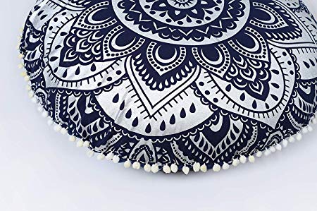 Popular Handicrafts Large Hippie Mandala Floor Pillow Cover - Cushion Cover - Pouf Cover Round Bohemian Yoga Decor Floor Cushion Case- 32" Blue Silver