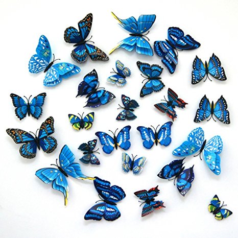 24-Pack Beautiful 3d Butterfly Wall Decals Removable Diy Home Decorations Art Decor Wall Stickers & Murals for Babys Bedroom Tv Background Living Room (blue,Uelfbaby)