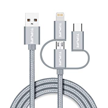 Multi Cable USB 3.0 Type C Charging, 3 in 1 Fast Charger Cord High Speed Micro USB Cable Nylon Braided for Android Phones, Gray