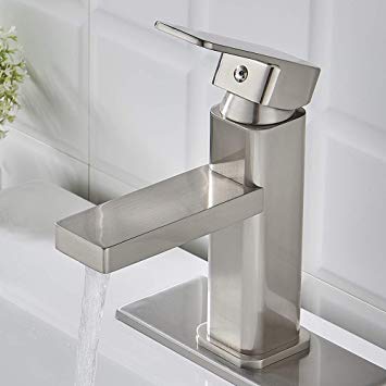 Modern Single Hole Bathroom Faucet Brushed Nickel, Square Bathroom Sink Washbasin Vanity Sink Faucet with Deck