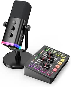 FIFINE Gaming Audio Mixer Bundle with Computer Streaming Microphone, 4-Channel RGB Mixer Set with XLR Interface, 48V Phantom Power, Dynamic Mic with Mute Button for Game Voice Podcast YouTube(SC3 AM8)