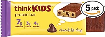 thinkKIDS Protein Bars - Chocolate Chip, 7g Protein, 3g Fiber, 4g Sugar, No Artificial Flavors or Colors, Gluten Free, GMO Free*, 1 oz bar (5 Count)