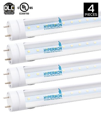 4-Pack of Hyperikon T8 LED Shop Light Tube, 4ft, 18W (40W equivalent), 4000K (Daylight Glow), Single-Ended Power, Clear Cover, G13 Lighting Fixtures, UL-Listed & DLC-Qualified [Tombstones Included]