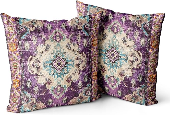 Snycler Boho Throw Pillow Covers 18x18 inch Set of 2 Monaco Rug Persian Carpet Double Sided Pattern Cotton Soft Pillow Case Cushion Cover Pillowcase for Couch Sofa Bed Decorative (Purple)