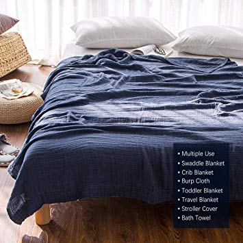 EMME 100% Cotton Muslin Blankets for Adults 4-Layer Breathable Muslin Throw Blanket Pre-Washed Lightweight Bed Blankets Soft Cotton Blanket All Season (Navy, 55"x75")