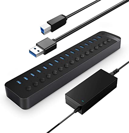 ORICO Powered USB Hub，16 Ports 24W USB 3.0 Data Hub with Individual On/Off Switches and 12V/2A Power Adapter for Desktop Computer, PC, iMac, Mobile HDD, Flash Drive, Phone, iPad Charging(Black)