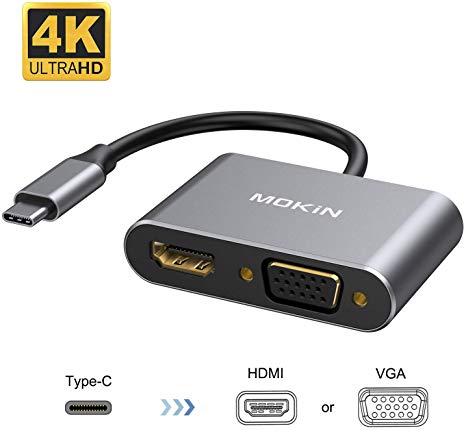 USB C to HDMI VGA Adapter, MOKiN USB 3.0 Type C(Thunderbolt 3) to VGA HDMI Converter 4K UHD Adapter for MacBook Pro 2019/2018/2017/MacBook Air 2018/Dell XPS 13/Samsung S8/S9/Huawei P20 P30 and More