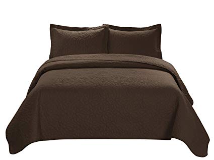 HIG 3 Piece TINOS Ultrasonic Embossed Bedspread Set-Oversized Coverlet 100x106in, 118x106in (Queen, Chocolate)