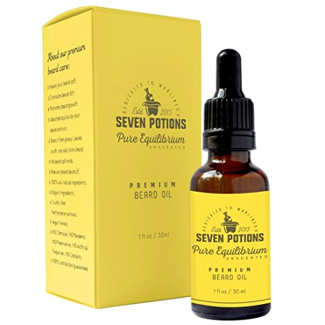 Seven Potions - Best Beard Oil & Leave-in Conditioner 1 fl oz. Fragrance Free Beard Softener. Stops Beard Itch. Natural, Organic, Beard Conditioning Oil. Contains Jojoba Oil (Pure Equilibrium)